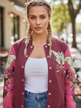 New morning witch  velvet night Floral embroidered Bomber Jacket small